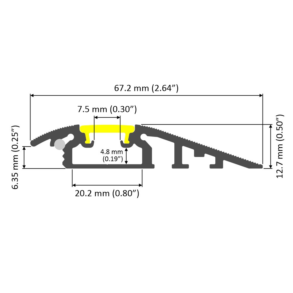 Cross-section diagram of the Floor Transition Strip LED Channel ~ Model Broadway, featuring 67.2 mm width, 12.7 mm and 6.35 mm heights, a 20.2 mm base width, 7.5 mm gap, and 4.8 mm between fixing points; yellow highlights on some sections.