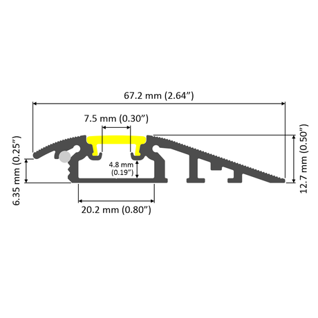 Cross-section diagram of the Floor Transition Strip LED Channel ~ Model Broadway, featuring 67.2 mm width, 12.7 mm and 6.35 mm heights, a 20.2 mm base width, 7.5 mm gap, and 4.8 mm between fixing points; yellow highlights on some sections.