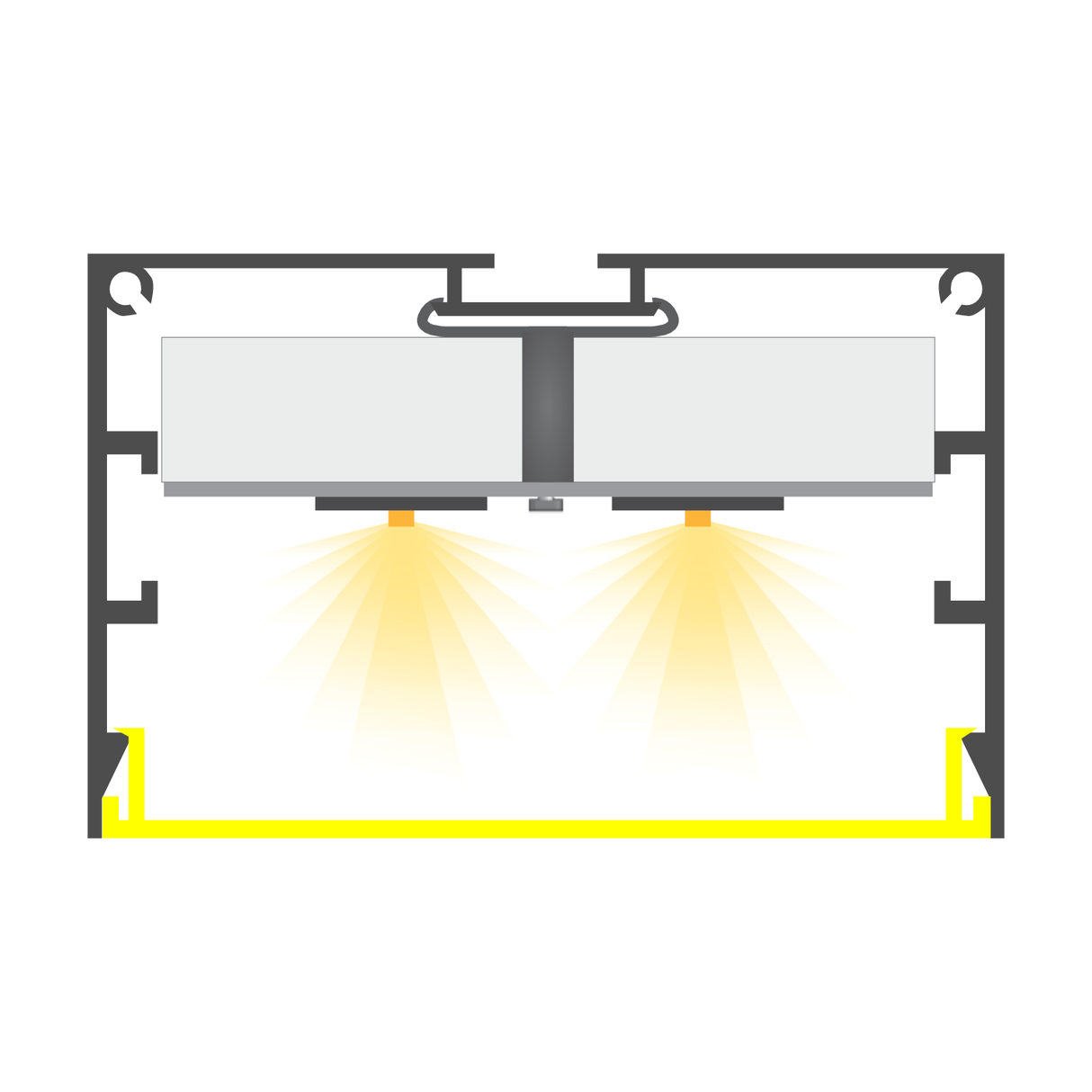 Cross-section diagram of the Large LED Linear Pendant Light ~ Model Bruselas, featuring two bright yellow beams shining downward from a black-framed fixture with a yellow-lined compartment below.