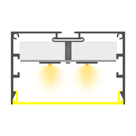 Cross-section diagram of the Large LED Linear Pendant Light ~ Model Bruselas, featuring two bright yellow beams shining downward from a black-framed fixture with a yellow-lined compartment below.