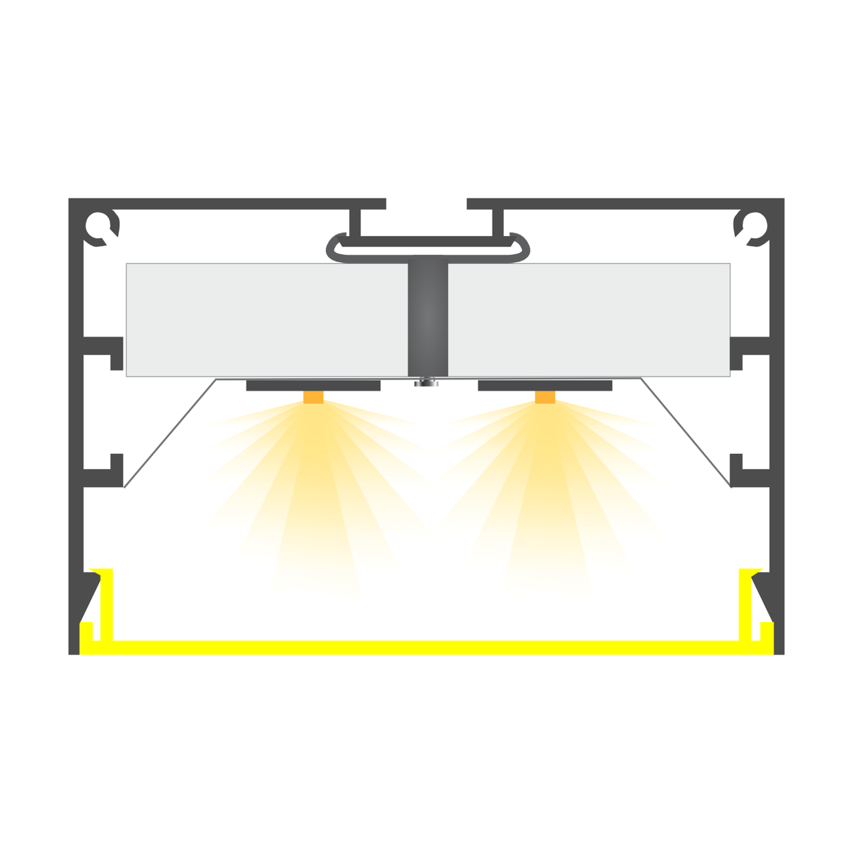 Cross-section diagram of the Large LED Linear Pendant Light ~ Model Bruselas, featuring two high-luminosity yellow light sources emitting downward beams in a rectangular housing with black and yellow outlines.