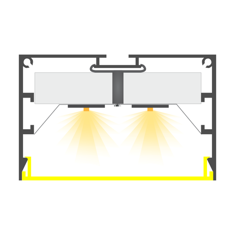 Cross-section diagram of the Large LED Linear Pendant Light ~ Model Bruselas, featuring two high-luminosity yellow light sources emitting downward beams in a rectangular housing with black and yellow outlines.