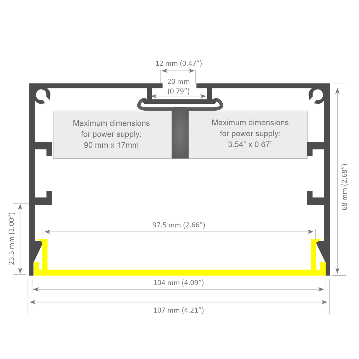 Technical diagram of the Large LED Linear Pendant Light ~ Model Bruselas showing a rectangular aluminum profile with labeled dimensions (mm/in), highlighted yellow bottom edge, and marked space inside for two power supplies for high luminosity.