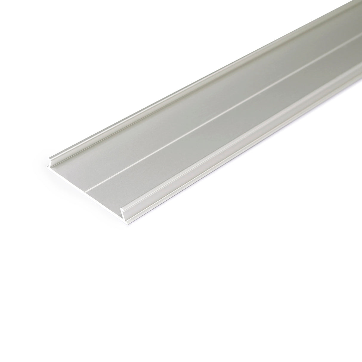 The Complementary Cover Profile ~ Model C10 is a long, silver aluminum track with a shallow channel, shown on a white background. Perfect for use as an LED profile or with the Phil Recessed lighting system.