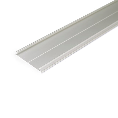 The Complementary Cover Profile ~ Model C10 is a long, silver aluminum track with a shallow channel, shown on a white background. Perfect for use as an LED profile or with the Phil Recessed lighting system.