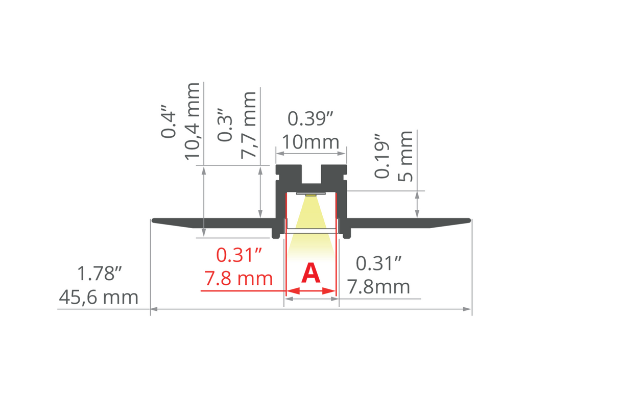Cross-section diagram of the 0.39 Bendable Drywall LED Lighting Channel (Model Klus KOZEL-10-BD), showing measurements in inches and millimeters, with a central component labeled A (7.8 mm wide) and dimensions for height and width indicated.
