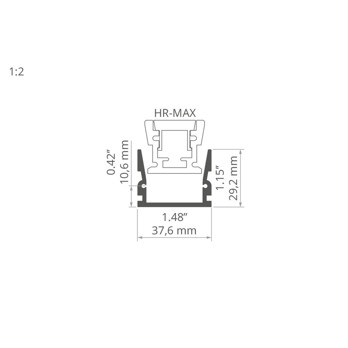 Technical drawing of the Complementary Mounting Profile ~ Model HR-MAX-T cross-section with labeled dimensions: 1.48 (37.6 mm) width, 1.15 (29.2 mm) height, and 0.42 (10.6 mm) segment height; scale 1:2.