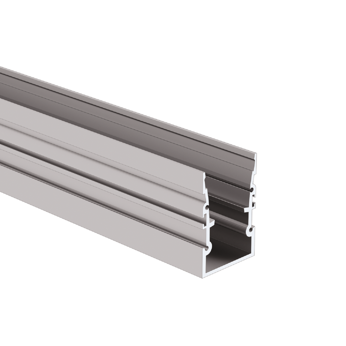 The Complementary Mounting Profile ~ Model HR-MAX-TW is a 3D-rendered aluminum profile featuring multiple grooves and channels, shown at an angle against a white background.