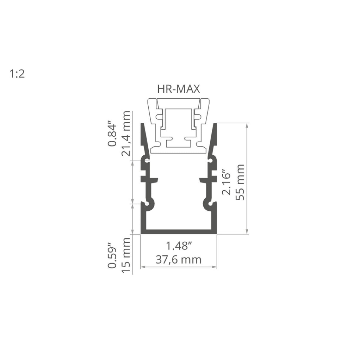Technical drawing of the Complementary Mounting Profile ~ Model HR-MAX-TW, labeled HR-MAX, showing dimensions: top height 21.4 mm (0.84”), lower height 15 mm (0.59”), total height 55 mm (2.16”), width 37.6 mm (1.48”).
