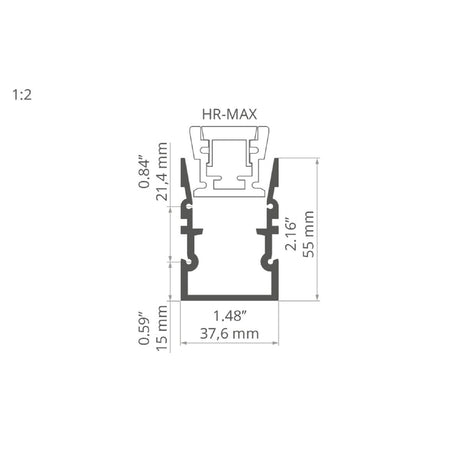 Technical drawing of the Complementary Mounting Profile ~ Model HR-MAX-TW, labeled HR-MAX, showing dimensions: top height 21.4 mm (0.84”), lower height 15 mm (0.59”), total height 55 mm (2.16”), width 37.6 mm (1.48”).
