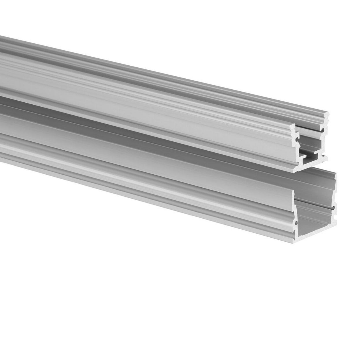 Two Complementary Mounting Profiles (Model HR-MAX-T) in silver aluminum with T-slots are stacked diagonally on a white background. This model is often used as a supplementary profile for building frames or industrial structures.