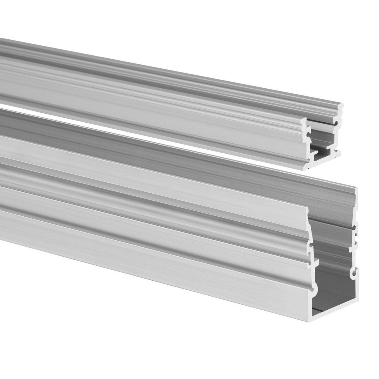 Two silver aluminum Complementary Mounting Profile ~ Model HR-MAX-TW extrusions, featuring multiple slots and channels, are displayed on a white background for use in construction or framing with the HR-MAX driveway system.