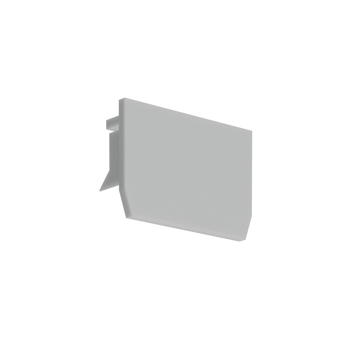 The End Cap for KOZUS-BD Profile is a plain, light gray plastic rectangular cap with a slight overhang and rear tab, designed to fit the KOZUS-BD profile. Photographed on a white background. Bulk pricing available.