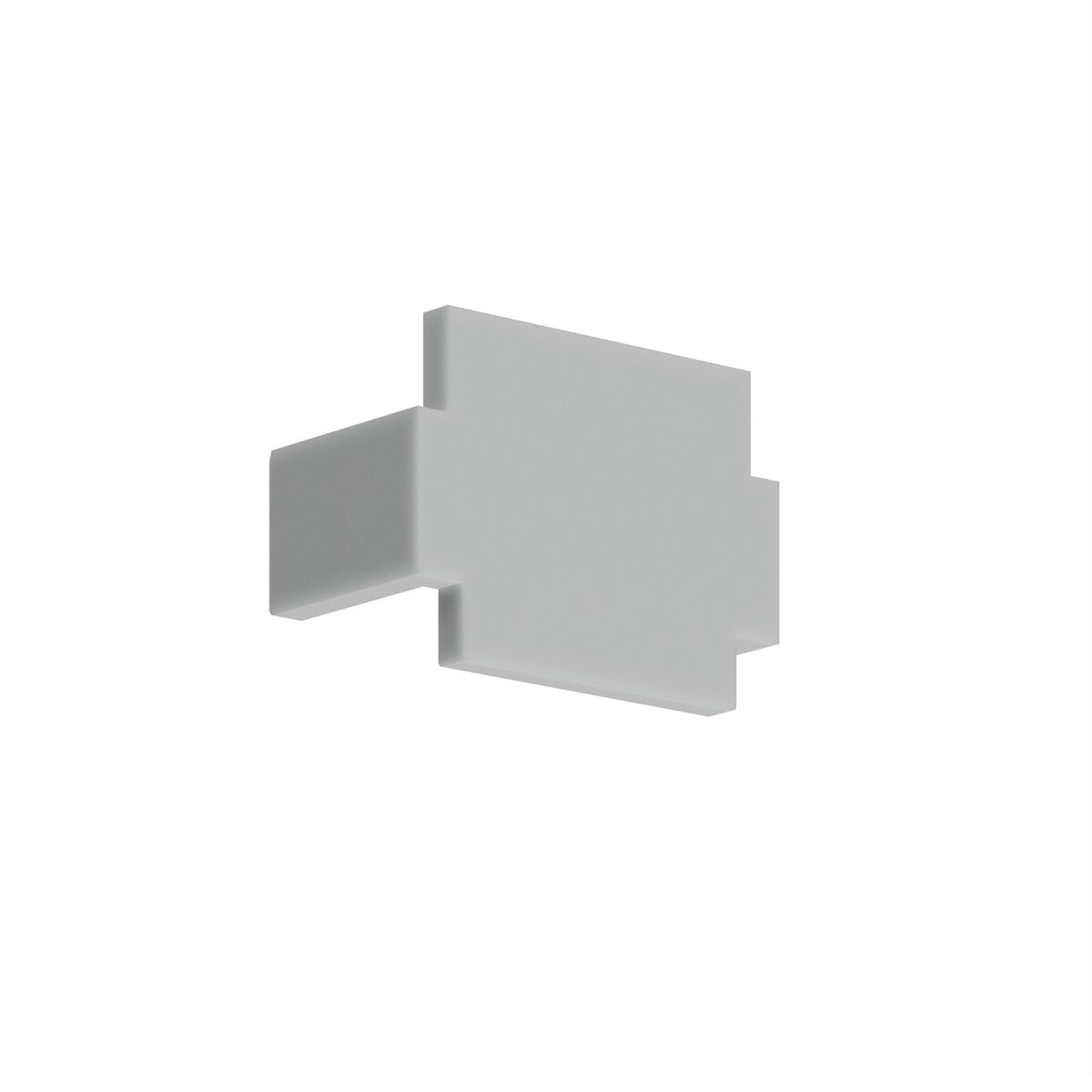 A minimalist, geometric white wall light fixture featuring an End Cap for KOZMA-BD Profile in a cross-like, layered rectangular design, mounted on a plain white background.