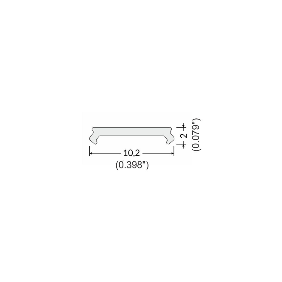 Technical drawing of the LED Channel Cover ~ C2 Click, a small rectangular profile measuring 10.2 mm (0.398 inches) wide and 2 mm (0.079 inches) high; dimensions are indicated with arrows and measurements.