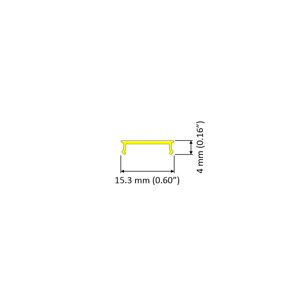 The LED Channel Cover ~ C3 Click is a yellow, rectangular PMMA object with curved edges, measuring 15.3 mm (0.60) long and 4 mm (0.16) high; its excellent light transmission is demonstrated on a white background with labeled dimensions.