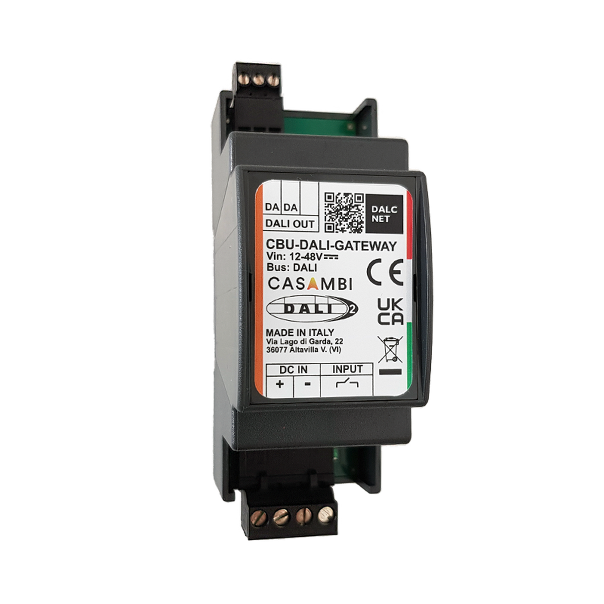 The Network Gateway with Casambi to DALI Converter (Model CBU-DALI-GATEWAY) features connection terminals, product labels, a QR code, and certification marks, all displayed on a gray background.