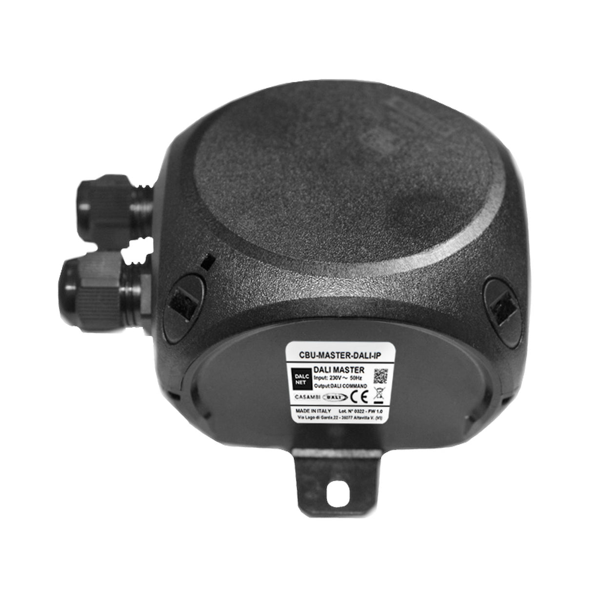 A black Casambi Enabled DALI Master with Mains Power (Model CBU-MASTER-DALI-IP), labeled, featuring two left-side cable connectors and a bottom mounting bracket for wireless DALI integration, photographed on a white background.