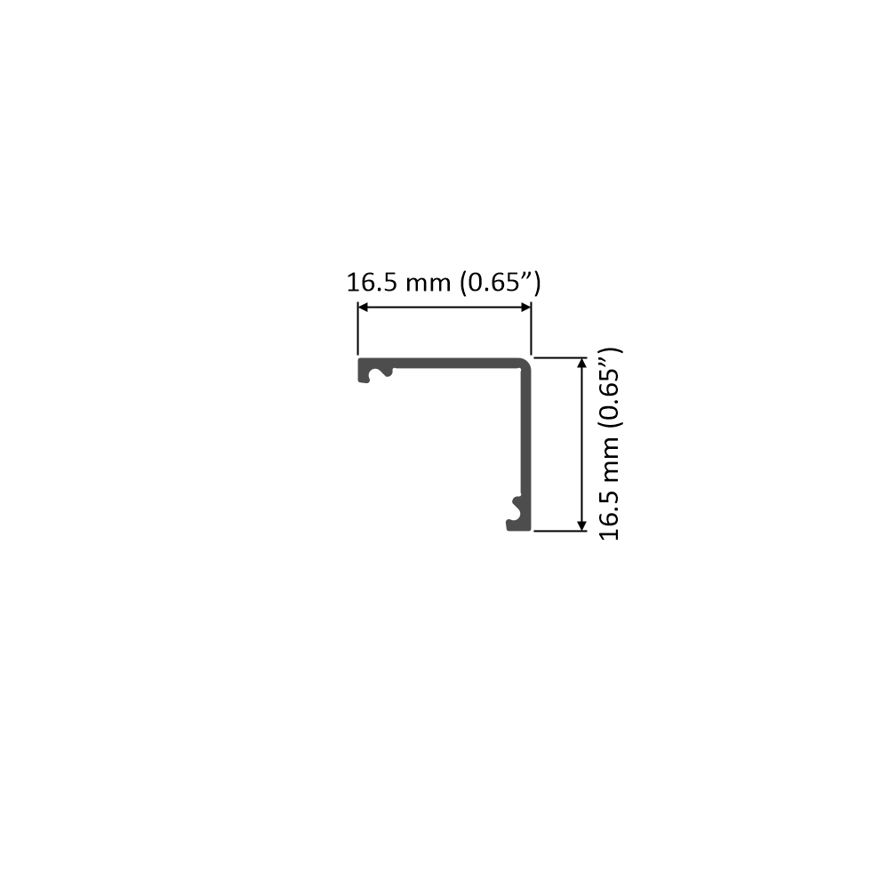 A technical drawing of the Corner LED Channel ~ Model Cabi12 Duo, an L-shaped metal LED profile with 16.5 mm (0.65 inch) horizontal and vertical legs, ideal for corner mounting in retail displays with labeled dimensions.