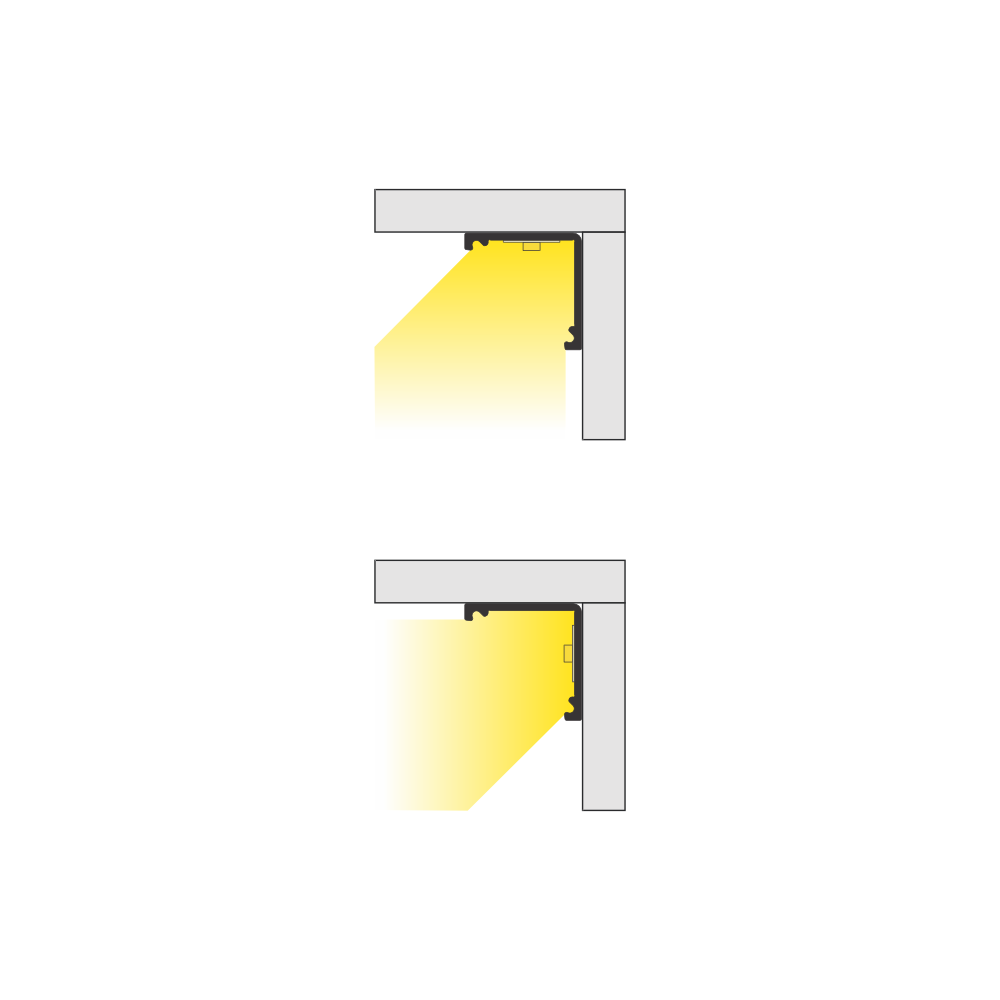 Two diagrams show cross-sections of the Corner LED Channel ~ Model Cabi12 Duo: the top emits angled downward light, and the bottom provides horizontal illumination. Both highlight lit areas in yellow, making them perfect for retail displays.