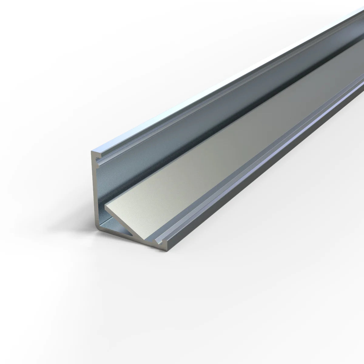 The 30/60 Degree Corner LED Channel ~ Model Cabi12 is an L-shaped, metallic bar with a smooth finish, shown against a white background—ideal for crisp under-cabinet lighting and corner installations.