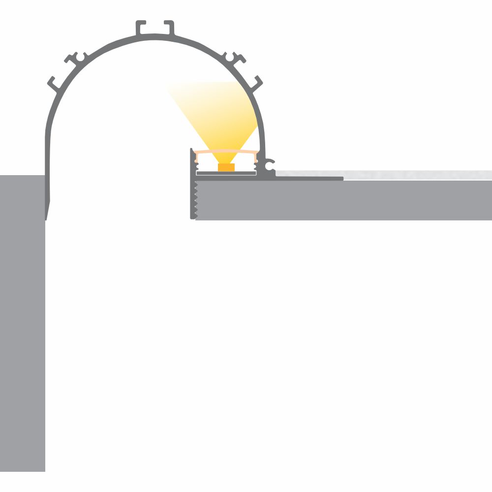 Cross-section diagram of the Cove Tunnel Indirect LED Lighting Channel (Model Caracas), illustrating its dome-shaped structure and how it delivers indirect ambient LED lighting to indoor ceilings for natural, even illumination.