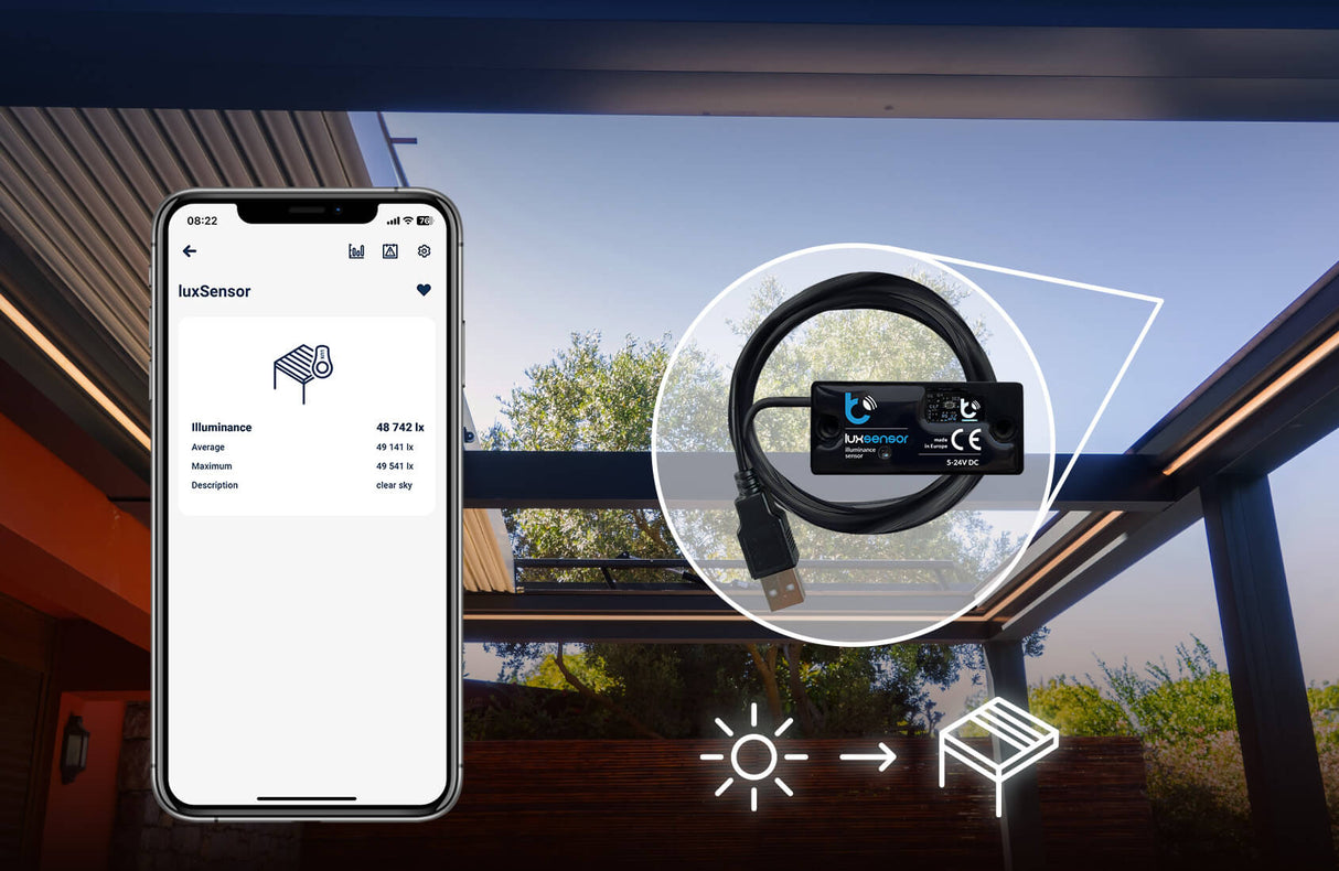 A smartphone shows the luxSensor app measuring light, while the Wi-Fi Light Intensity Sensor ~ luxSensor by Blebox is highlighted before a modern pergola. Sunlight and shade icons depict its automatic sensor control.