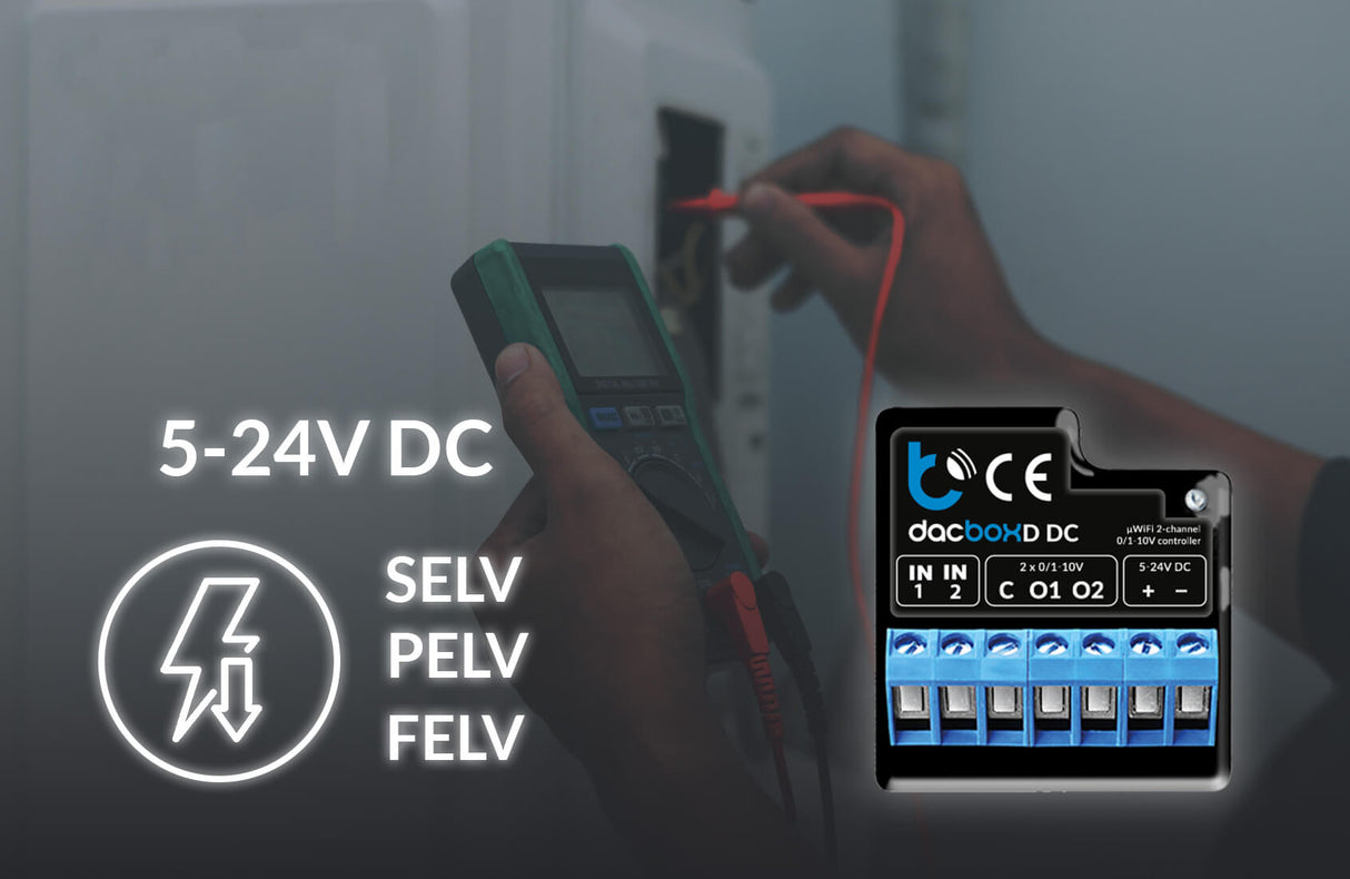A person uses a digital multimeter on an electrical panel. In the foreground, a close-up shows the Smart WiFi 2-Channel 0-10V Controller (Model dacBoxD DC), labeled 5-24V DC, with SELV, PELV, FELV and a lightning bolt icon beside it.