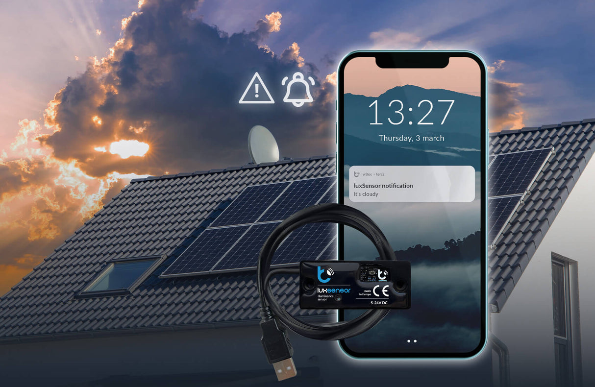 At sunset, a house with solar panels has alert icons. In the foreground, a smartphone shows a WiFi alert from the luxSensor by Blebox, a USB-connected light intensity sensor.