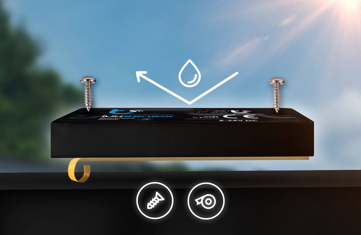 The Wi-Fi Light Intensity Sensor ~ luxSensor by Blebox is shown in black with screws above it, water resistance icons, and installation symbols for screw or adhesive mounting, set against a sunlit, blurred outdoor background.