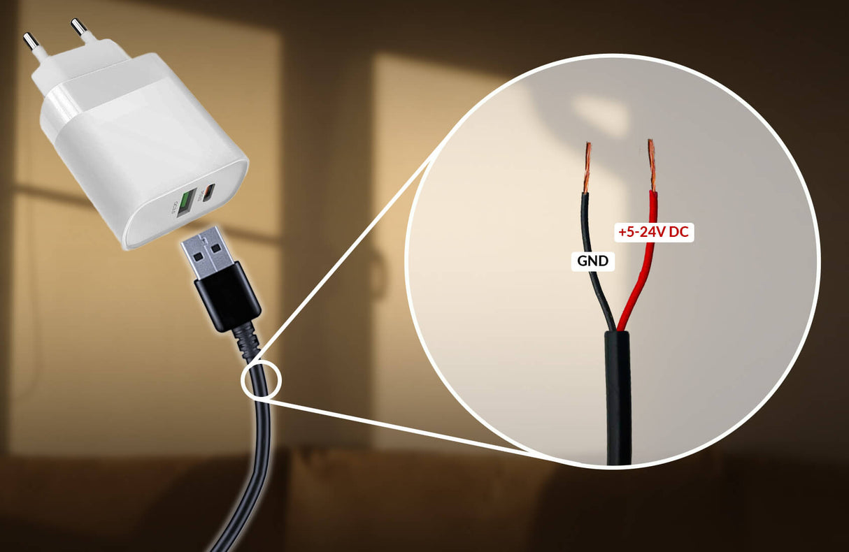 A white USB charger with a detachable cable—revealing black GND and red +5-24V DC wires—sits next to the compact Wi-Fi Light Intensity Sensor (luxSensor by Blebox) for connecting devices such as a luxmeter.