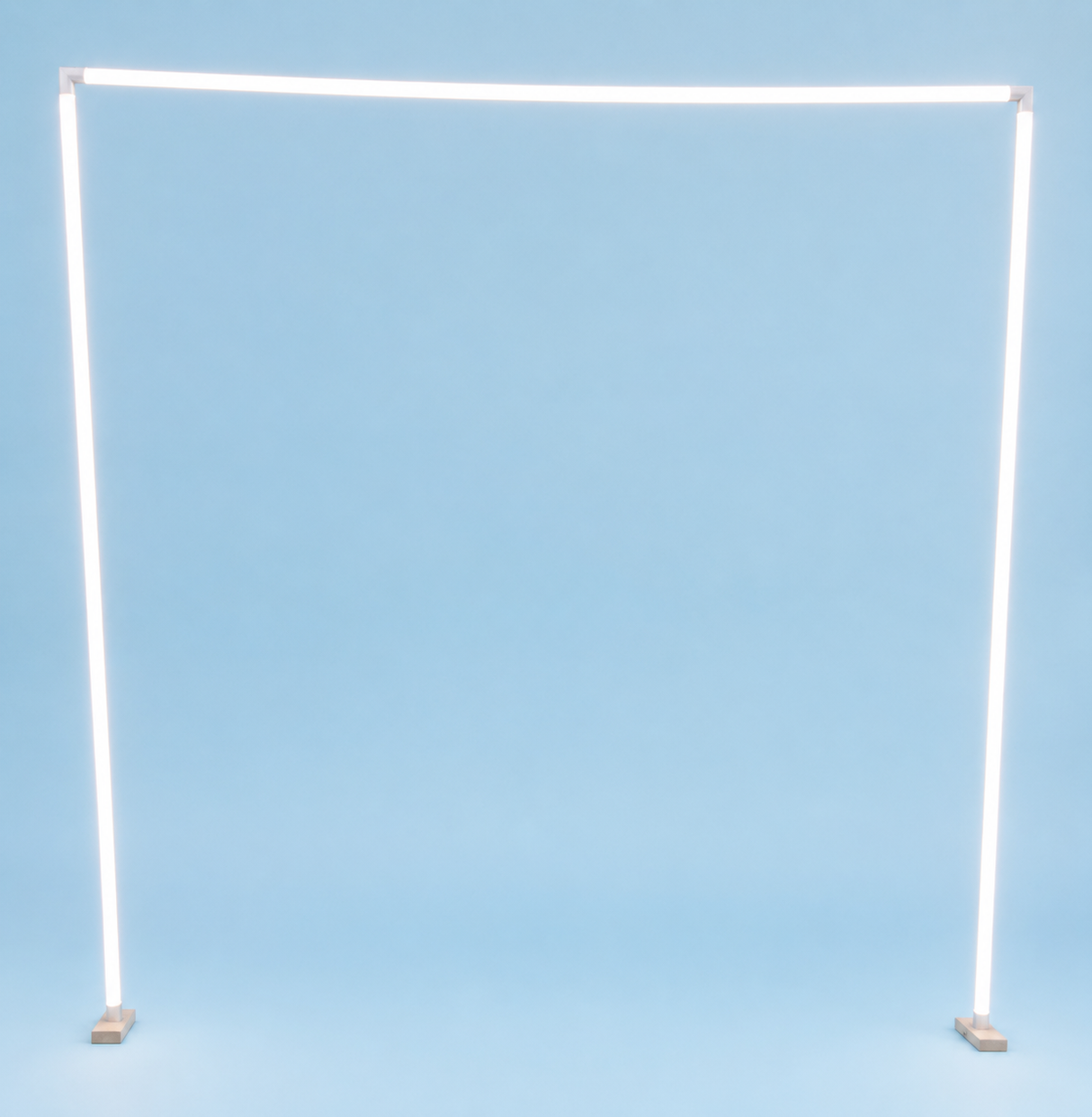 Glowing white Sierra38 LED diffuser tubes form a rectangle on light blue, with each corner anchored by a Structural PVC Joiner for Sierra38 Tube Profile, creating an inventive lighting design.