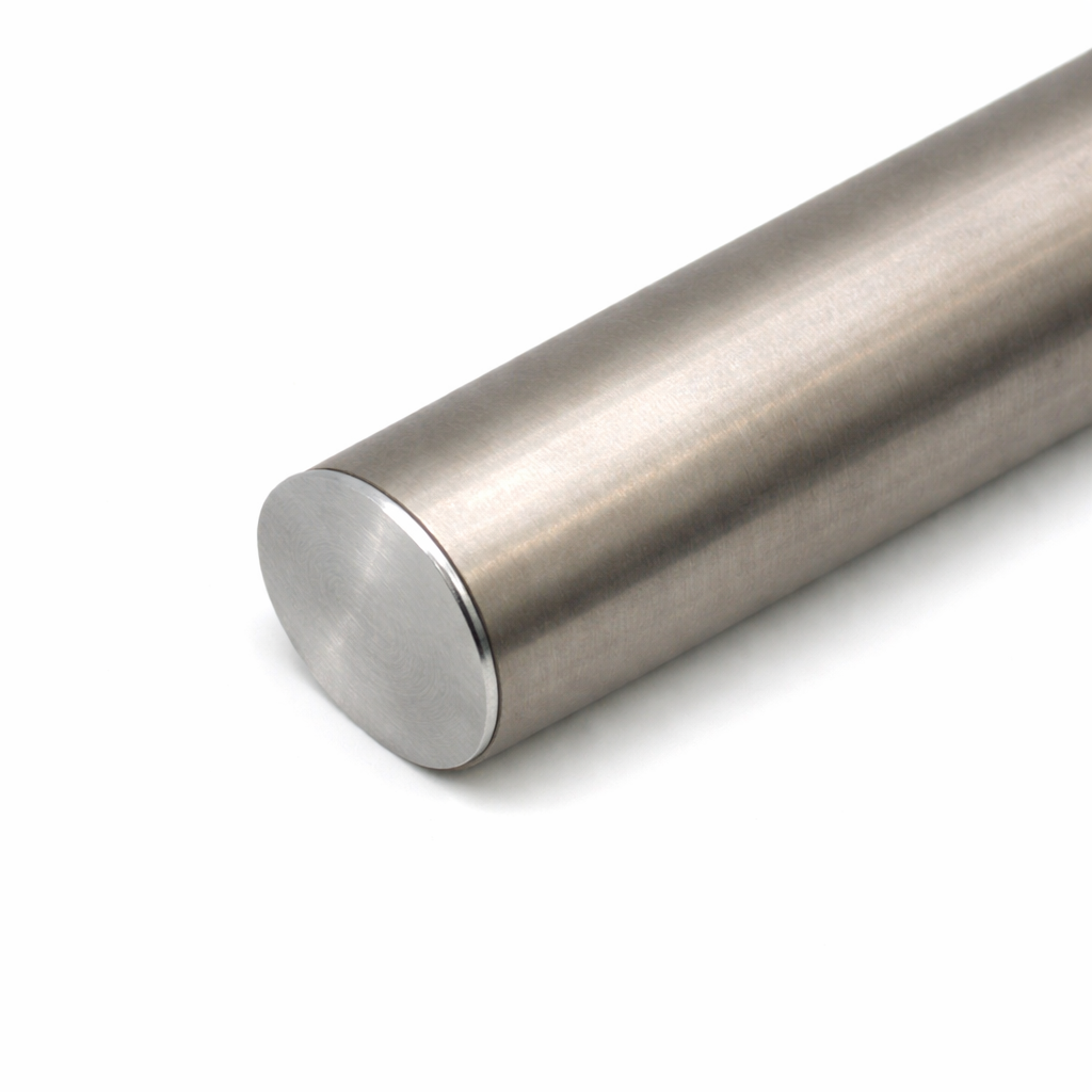A close-up of the Round Stainless Steel LED Handrail Profile ~ Model Comenza displays its brushed, cylindrical design and flat circular end at an angle on a white background.