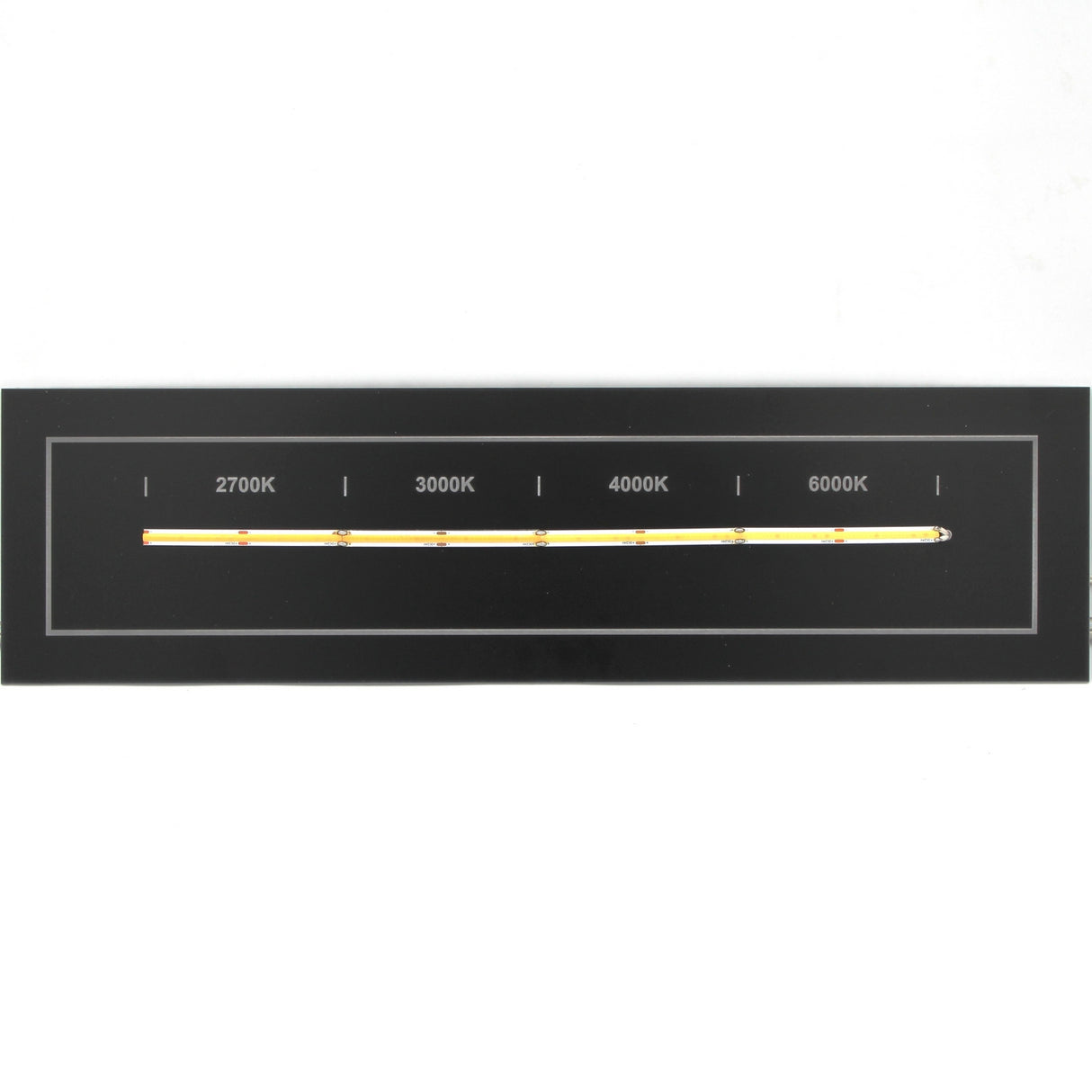 A black panel displays four labeled sections—2700K, 3000K, 4000K, and 6000K—each showing a segment of the Continuous COB IP20 LED Strip (24V) ~ White Lily Series to illustrate its color temperature options for decorative lighting.