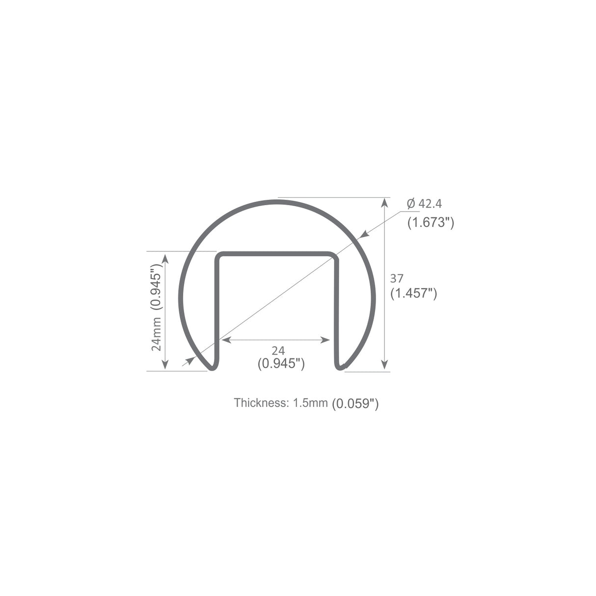 Technical drawing of the Round Stainless Steel LED Handrail Profile (Model Comenza) with dimensions: outer diameter 42.4mm, height 37mm, width 24mm, and thickness 1.5mm.