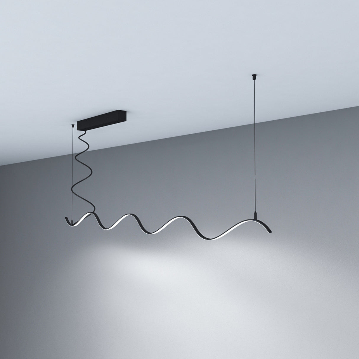 The Ultra Thin Bendable LED Strip Channel, Model Milano Slim, features a wavy black metal rod with an integrated LED strip, suspended by thin wires in a minimalist gray room and forming a continuous, undulating curve across the ceiling.