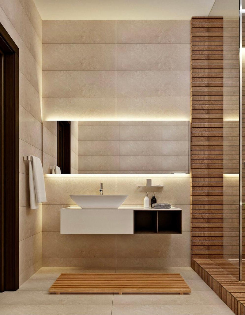 Contemporary bathroom featuring warm white LED strip lights above and below mirror for elegant layered lighting