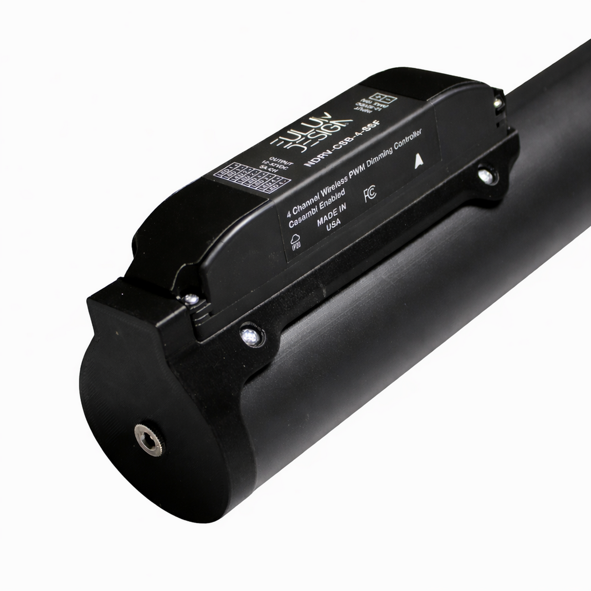 A close-up of the Portable Long Range Casambi RGBW Tube Light, a black cylindrical device with a mounted control unit labeled “SUNKY,” visible screws, indicator symbols, ports, and a metallic circular connector at one end.