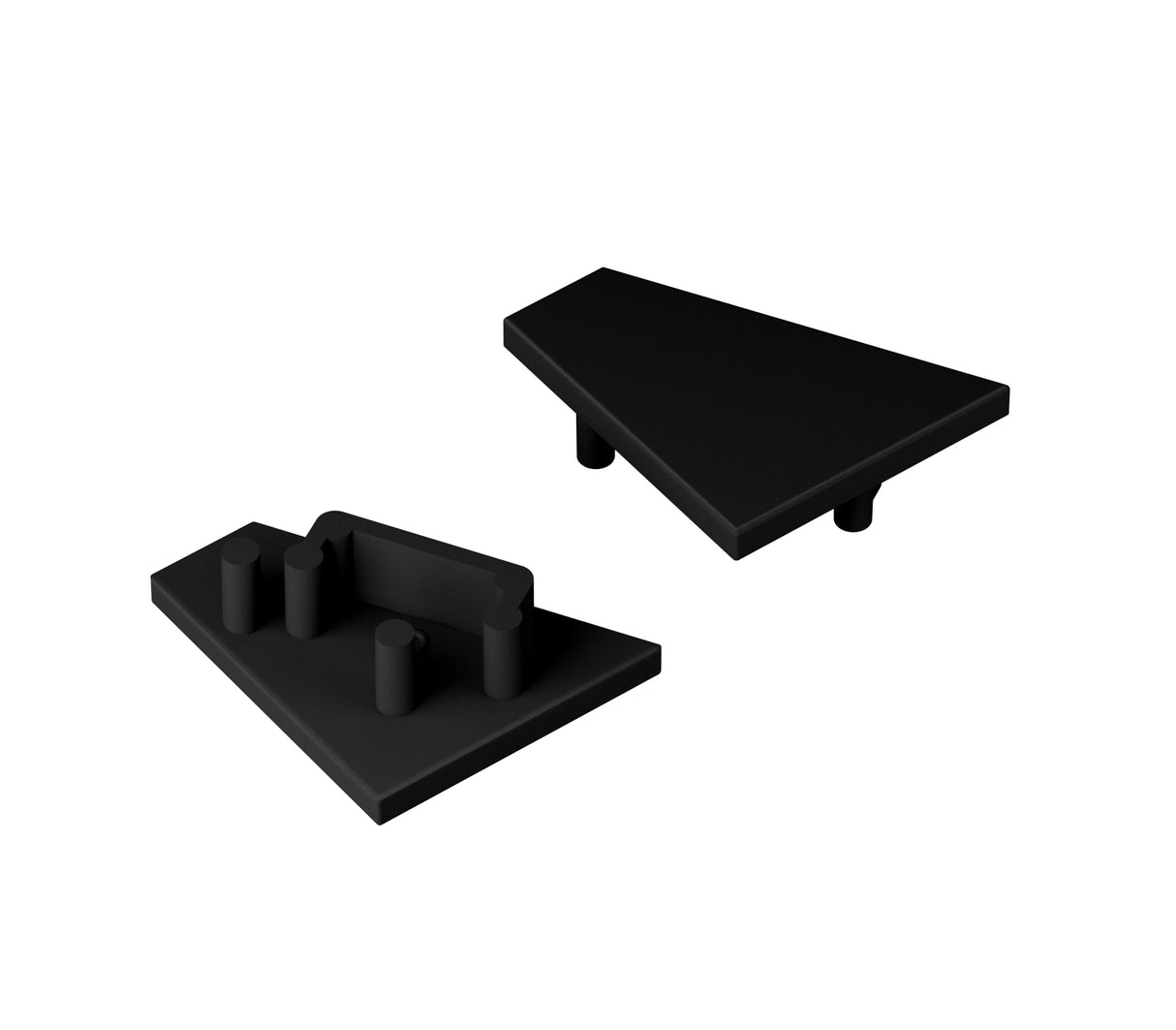 Two black, triangular End Caps for Corner12.v2 Profile are shown. One displays three short pegs and a raised rectangle, while the other side reveals a flat surface with two pegs—ideal for completing your lighting fixture.