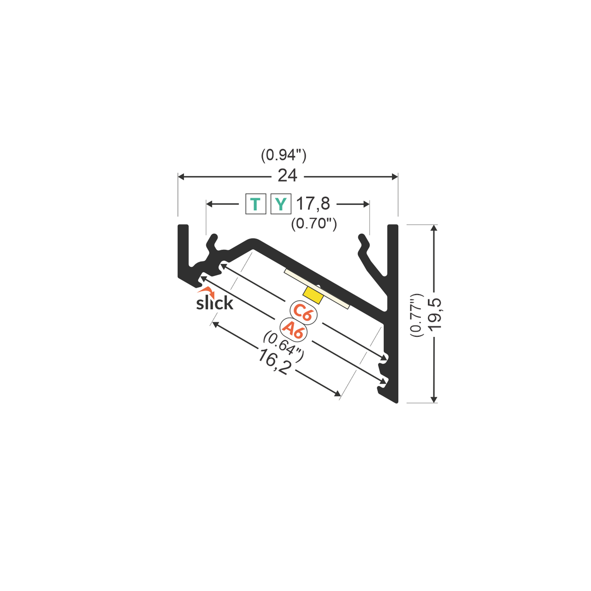 Cross-sectional diagram of the Surface Mount Corner LED Channel (Model Corner16), ideal for under-cabinet or corner LED applications; measures 0.94 (24mm) wide by 0.77 (19.5mm) high, labeled T, Y, slick, C6, and A6.