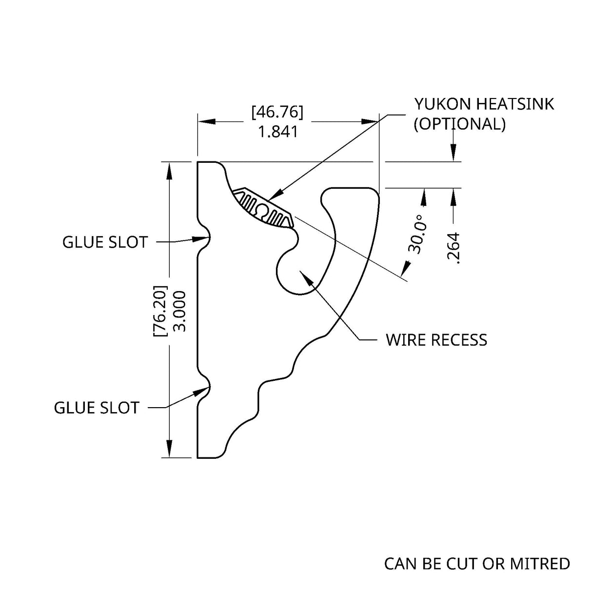 Technical drawing of the LED Foam Cove Light Molding ~ Model Cornice CoveLight, showing labeled dimensions, glue slots, wire recess, and optional Yukon heatsink. One end is marked CAN BE CUT OR MITRED—ideal for LED lighting accessories.