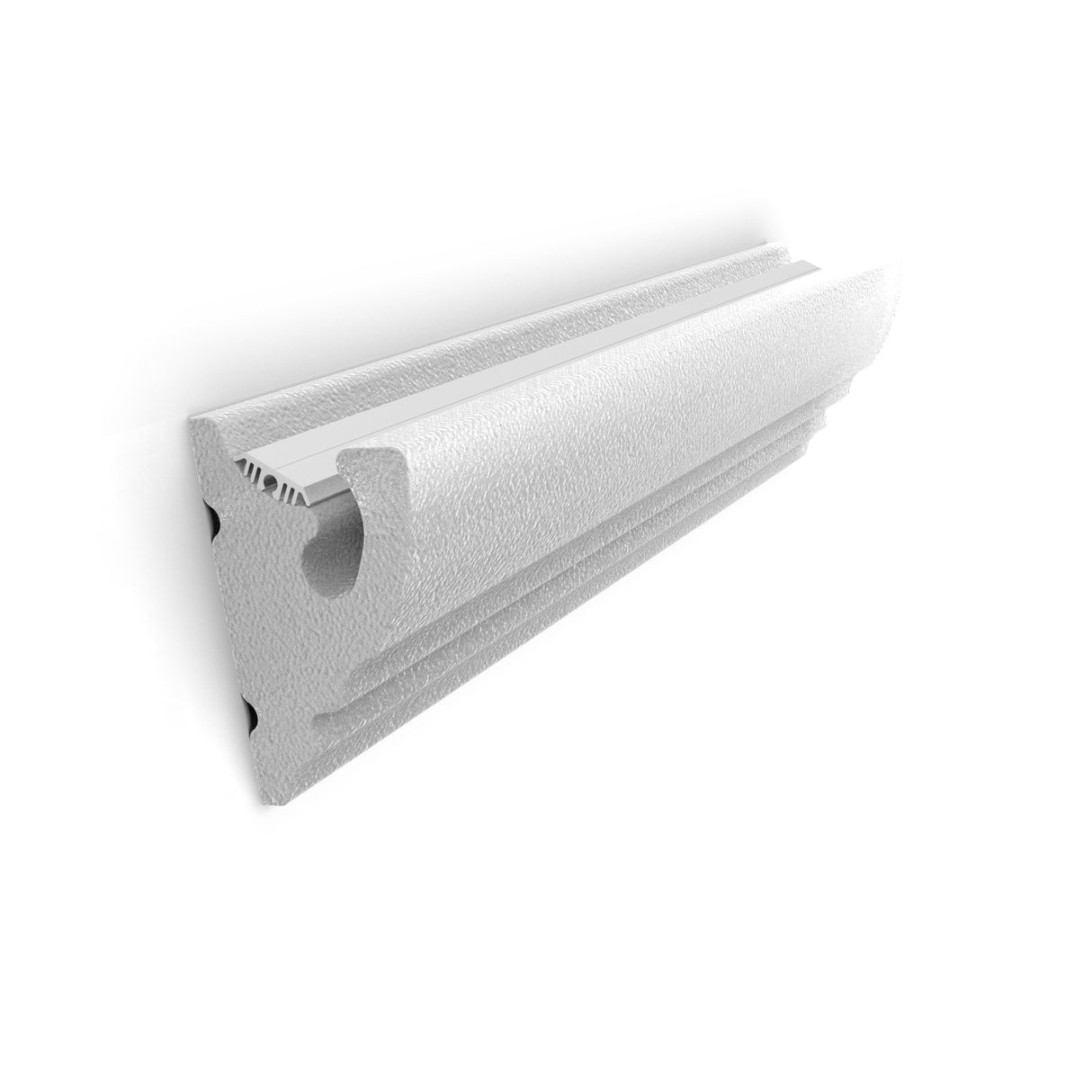 The LED Foam CoveLight Moulding (Model Cornice CoveLight), a white, textured, triangular foam cornice with grooves and a hollow circular section for indirect LED lighting, is displayed against a plain white background.