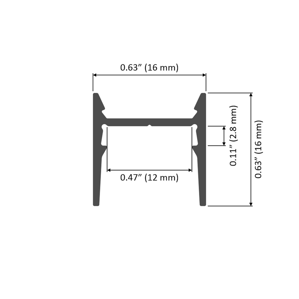 A technical drawing of the Small Anti-Glare Lighting LED Channel, Model Cozy12, shows labeled dimensions: width 0.63 (16 mm), height 0.63 (16 mm), inner width 0.47 (12 mm), and vertical thickness 0.11 (2.8 mm). Ideal for soft lighting.