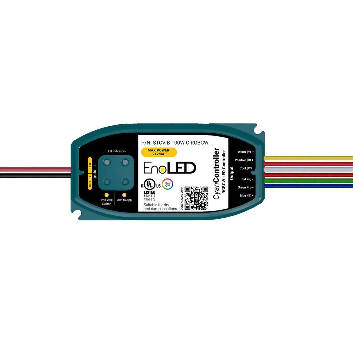 The EnoLED Cyan RGBCW Smart RGB+CCT LED Controller and Wall Switch System is a rectangular device with multicolored wires at both ends and surface labels showing technical info and certifications for advanced smart lighting control.
