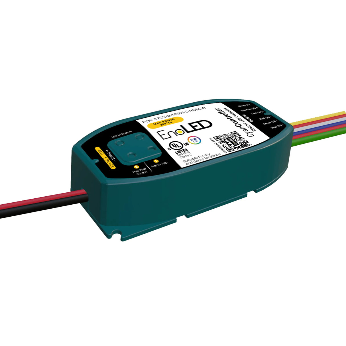 A rectangular dark green Smart RGB+CCT LED Controller and Wall Switch System (EnoLED Cyan RGBCW) with multicolored wires on both sides, labeled “EnoLED” with technical details and a QR code on top.