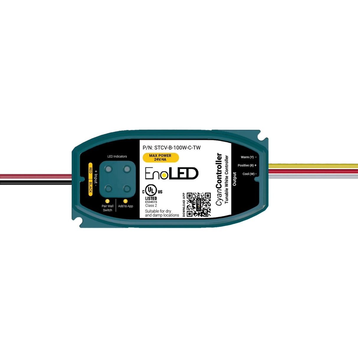 The EnoLED Cyan TW is a rectangular Smart Tunable White LED Controller and Wall Switch System featuring indicator lights, buttons, dual-end wiring, and a label with technical specs and certifications for advanced lighting integration.