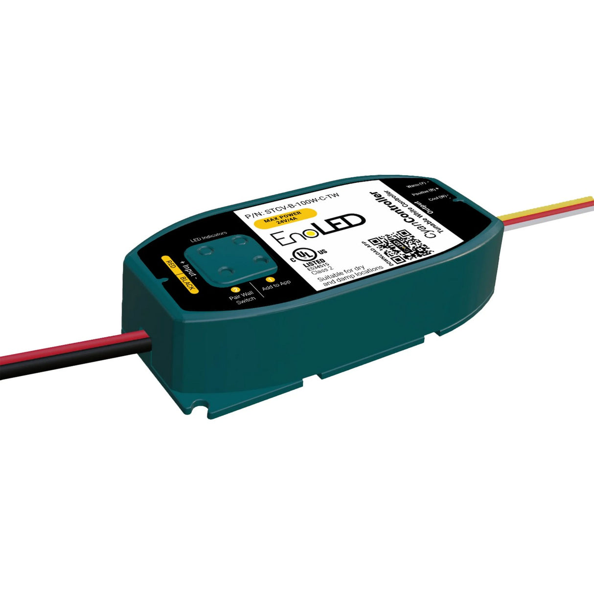 The EnoLED Cyan TW is a compact Smart Tunable White LED Controller and Wall Switch System with a black and teal casing, clear label, control buttons, and red, black, and yellow wires—ideal for versatile white lighting control.