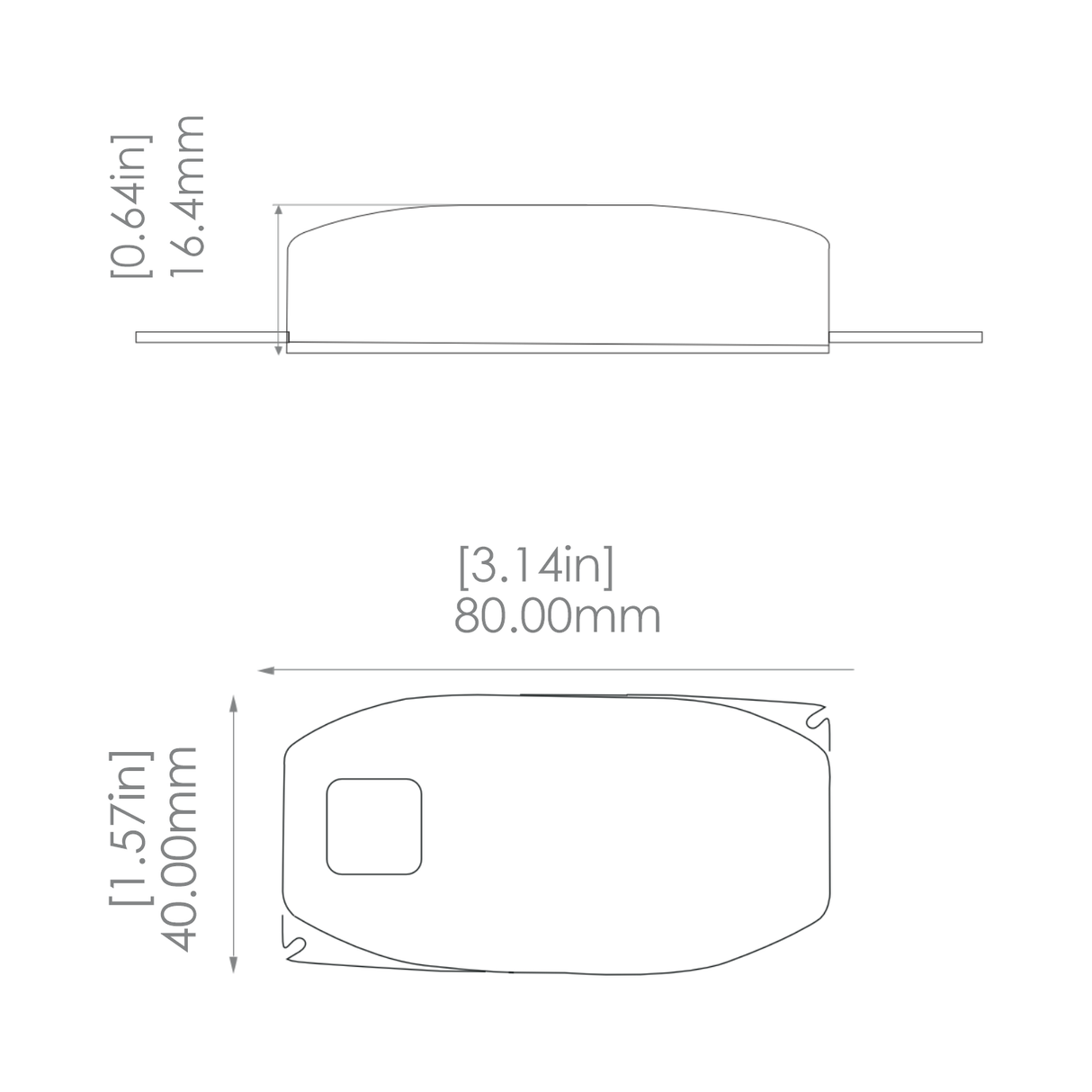 Simple technical drawing of the EnoLED Cyan TW Smart Tunable White LED Controller and Wall Switch System, shown from side and top views with dimensions: 16.4 mm (0.64 in) high, 80 mm (3.14 in) long, 40 mm (1.57 in) wide.