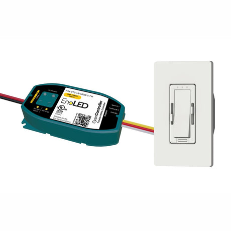 The Smart Tunable White LED Controller and Wall Switch System ~ EnoLED Cyan TW features a teal and black controller with wires beside a white dimmer switch with slider and buttons for tunable white lighting control.