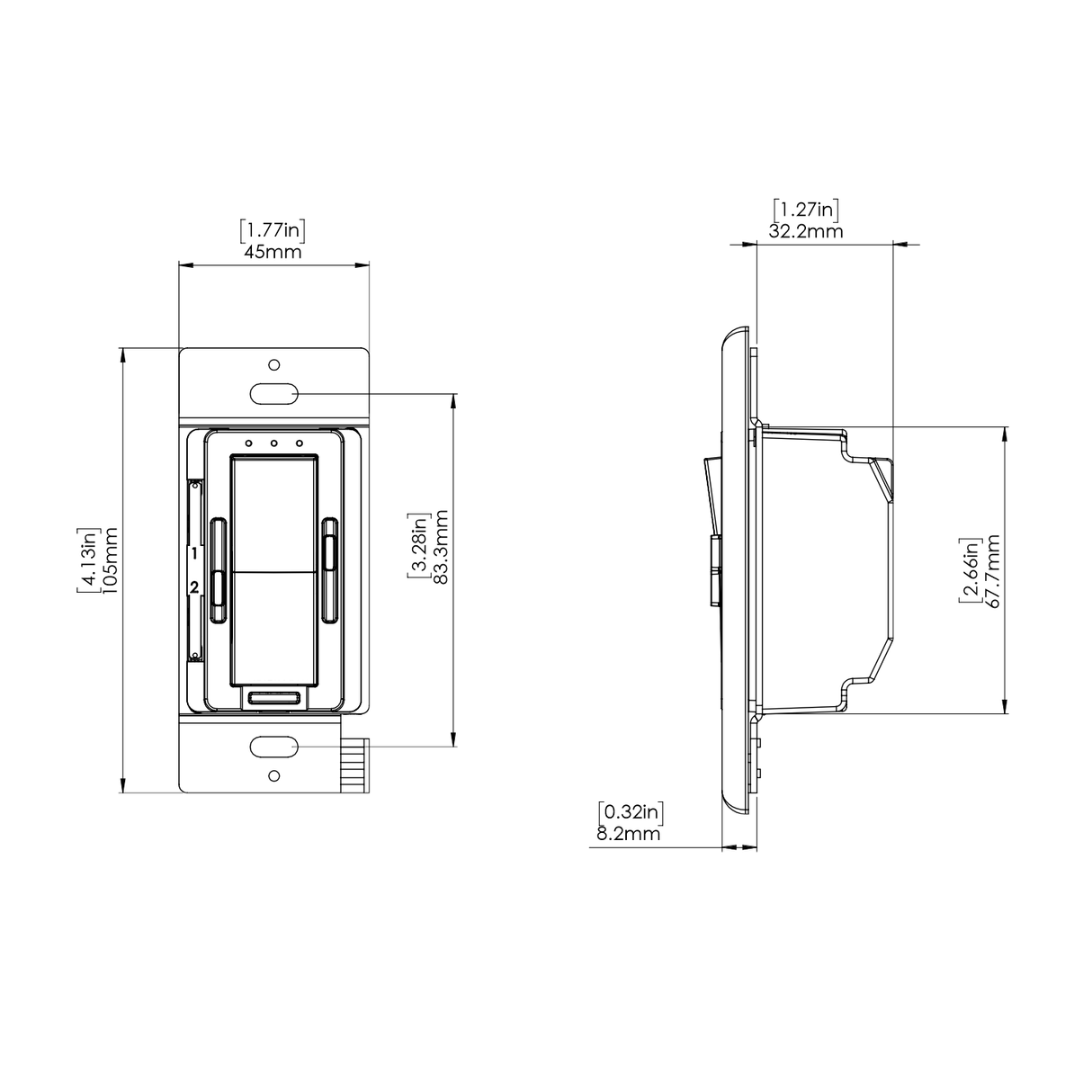 Technical drawing of the EnoLED Cyan RGBCW, a Smart RGB+CCT LED Controller and Wall Switch System, showing labeled front and side views with height, width, and depth measured in inches and millimeters.
